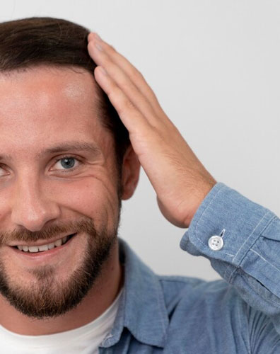 barber fitting a wig on a male customer