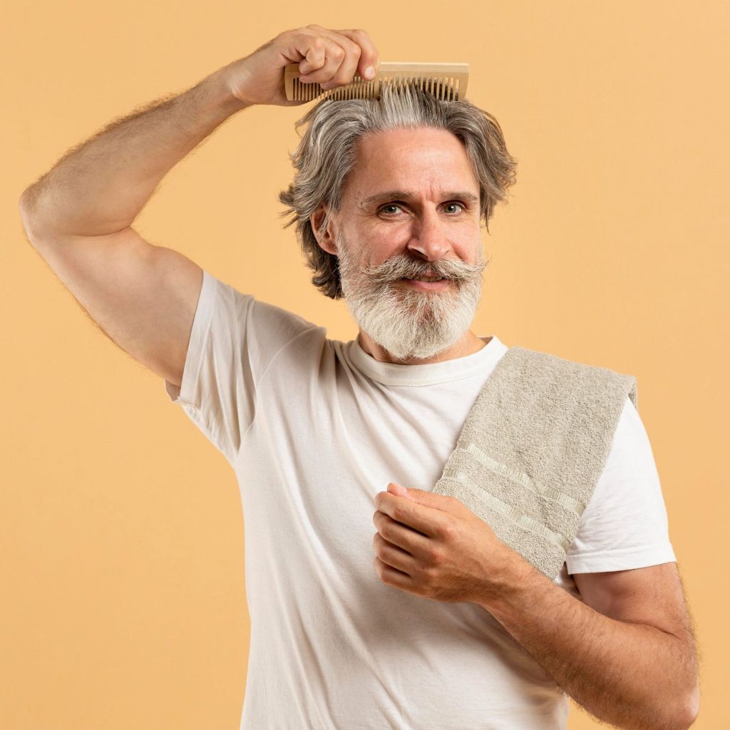 A gentleman pulling his hair with a towel on his shoulders wearing a premium mens toupee in Stafford.