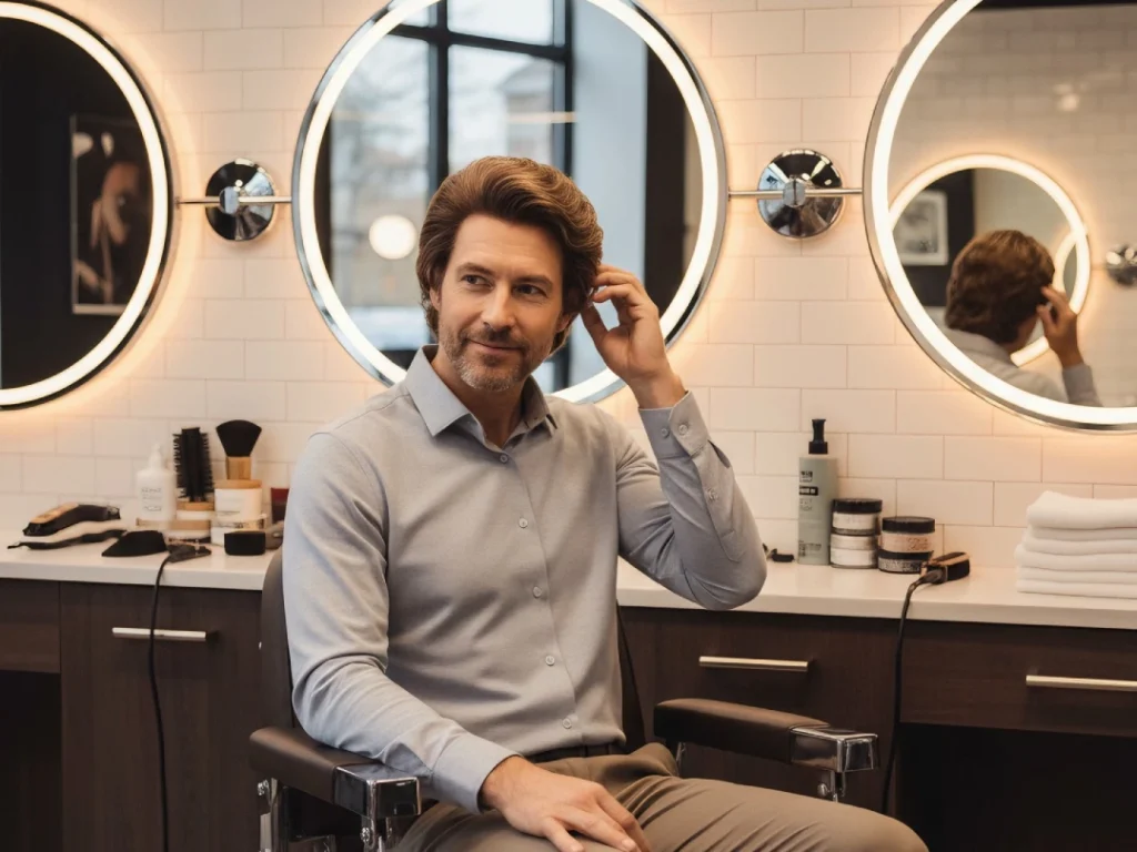 Man admiring his natural-looking men's toupee in Stafford salon mirror, smiling confidently with grooming products nearby.