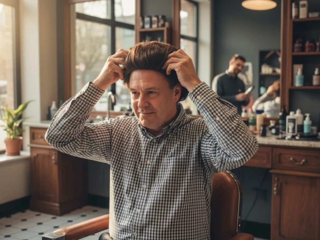 Man adjusting men's hair replacement system in Stafford salon, showcasing a natural fit with grooming products around.