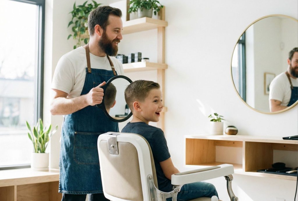 Barber showing mirror to excited boy after perfect boys fade haircut Stafford