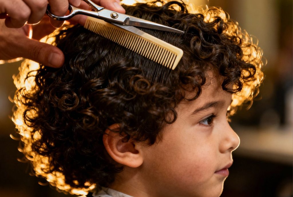 Barber giving a neat curly haircut to a little boy in a childrens barber shop Stafford