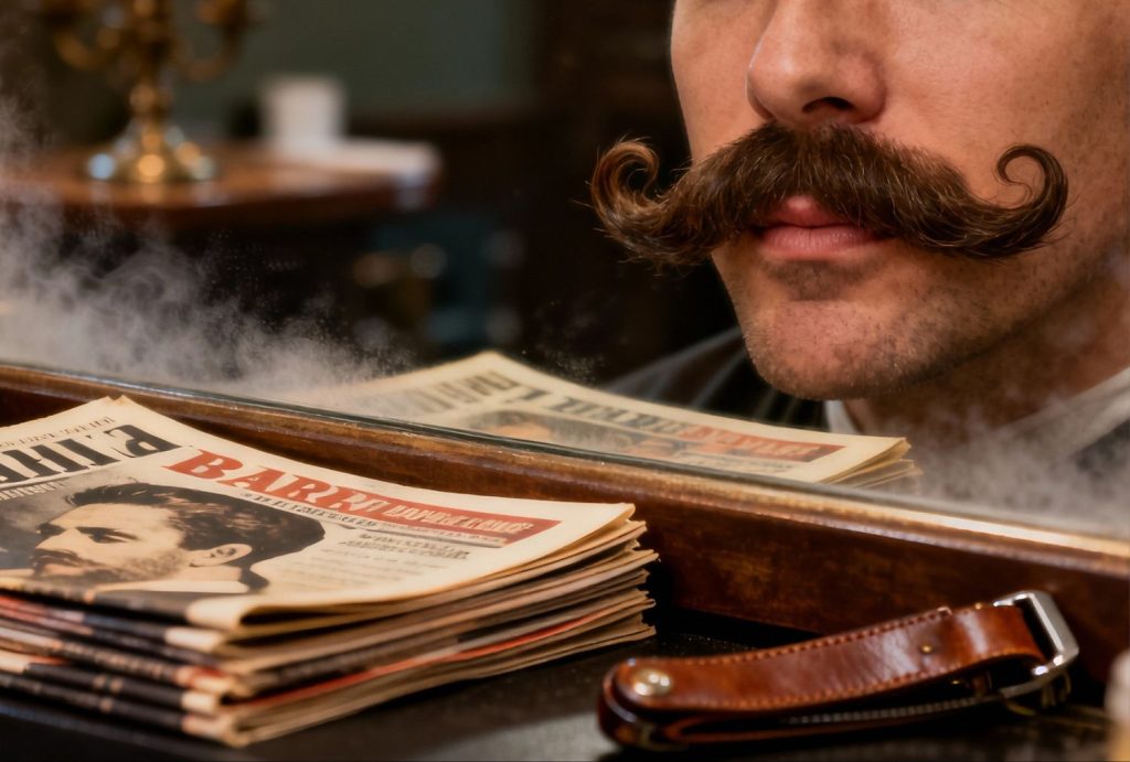 Classic curled mustache styling with hot wax at top mens waxing Stafford salon