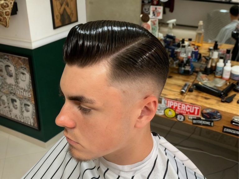 Fresh side-part fade haircut with glossy finish at Number One Barber Shop, premium men’s grooming.