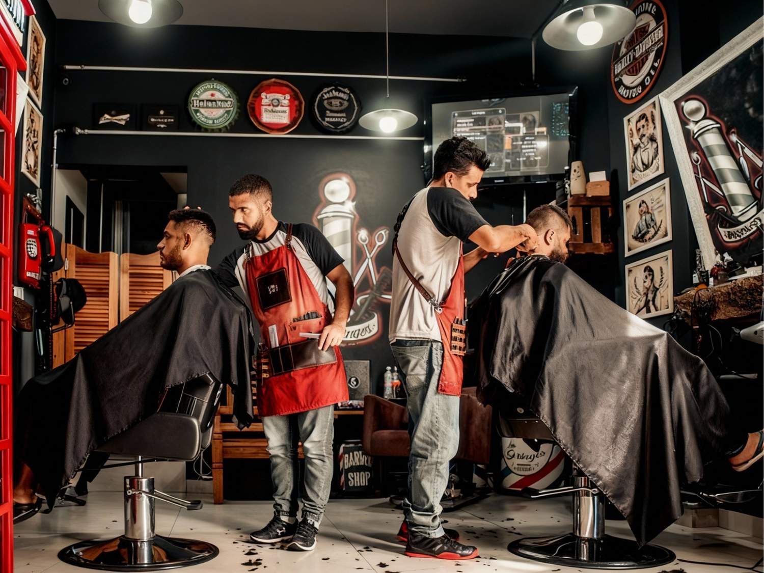 Barbers in red aprons cutting hair in vintage-style Barber Shop with classic decor and lively atmosphere.